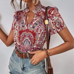 Paisley Print Notched Neck Blouse